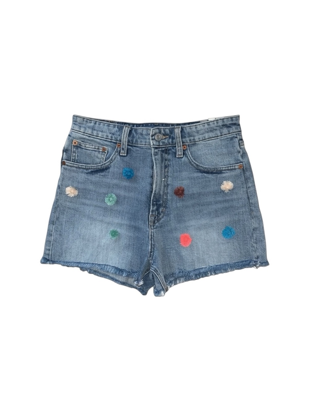 Lucky Brand Denim Shortie Shorts Women’s 28 Medium Wash Pom Pom “Lucky Pins” NWT